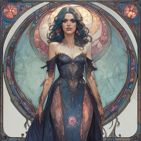 score_9, score_8_up, score_8, Bionic Woman,1girl, looking at looking at viewer, Heavy Night Dress, Stained glass background,  <lora:ArsMJStylePony_-_Art_Nouveau:1>