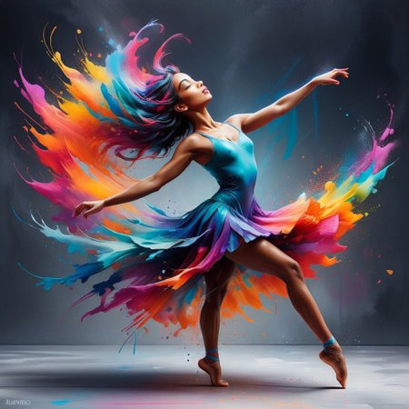 creates of a  dancer in a dynamic pose, capturing the energy and passion of her performance against a vibrant, colorful backdrop. The scene is brought to life with realistic touches, emphasizing her strength, grace, and the fluidity of her movement.