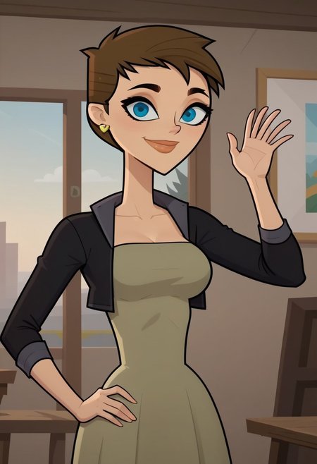 ((room background)),score_9, score_8_up, score_7_up,score_6_up, 
1girl, solo, Ivy_DC, light skin, blue eyes, dark brown hair, short hair, hairstyle pixie cut, yellow heart earrings, sleeveless olive green dress, black fitted short jacket, black tight pants, beige flat shoes, big eyes, cute, tall stature, social smile, perfect eyes, perfect smile, looking at the viewer, detailed eyes, perfect eyes, standing, big breasts (front pose, front view, bust shot) five fingers, perfect hands, (hand on hip, hand up)