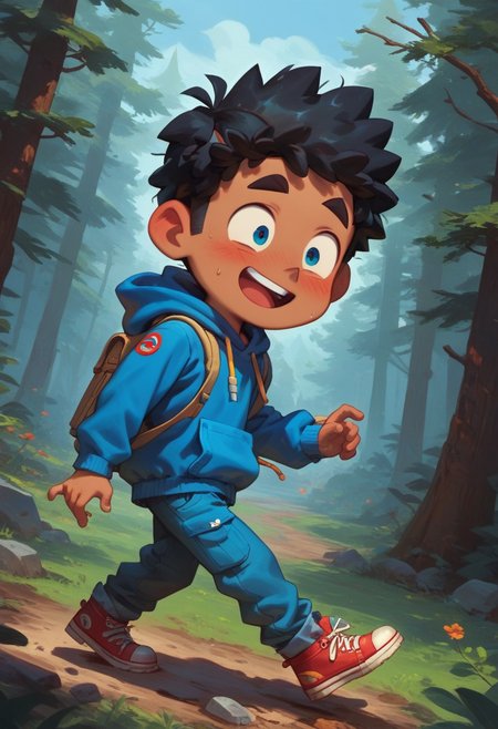 score_9, score_8_up, score_8, 1boy,max (camp camp), solo, hood, blue hoodie,, yellow shirt, blue pants, red shoes, curly black hair, dark skin, white ,cute, chibi, small body,  barefoot((high_quality)), ((Super_Detailed)), cartoony, cartoon style, (by ardidon:1.2),max ((Super_Detailed)),camp background, cartoony, cartoon style, (by ardidon:1.2),max, dynamic angle, side view, view from the side, full body, excited face, fear face, blushing,
