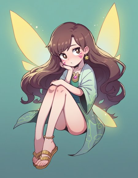 zPDXL, score_9, score_8_up, score_7_up, source_anime, 1girl, solo,
<lora:Orenji_v2:0.8> orenji, D.Va, brown hair, long hair, distracted, aloof, oblivious, leg_lock, fairy wearing a silk robe with glimmering threads, delicate sandals with fairy dust, __cf-fairy/color__ long flowing hair with floral accents, glowing crystal wings, sparkling eyeshadow,tiny bell anklet,star-shaped brooch,moonstone earrings