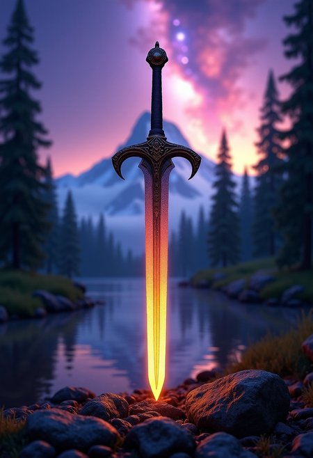 35mm photograph, film, bokeh, professional, mystic introcated detailed sword in a beautiful fantasy forest with a mountain in the background and a lake at night with galaxy in the sky, (purple blue yellow sky:1.3), (galaxy constelation embrodeiry:1.4), hyperrealistic, super realistic, sharp focus, 8k, (((masterpiece))) (((ultimate quality))), exquisite beauty, highiest texture resolution, photorealistic, fantasy setting, epic composition