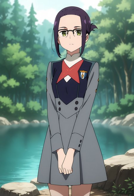 anime screencap, masterpiece, best quality,
<lora:DarlingInTheFranxx_Ikuno_IlluXL:0.9>,
1girl, solo, closed mouth,
folded ponytail, parted bangs, forehead, short hair, purple hair, green eyes, over-rim eyewear,
short dress, grey dress, long sleeves,
v arms, standing, looking at viewer, cowboy shot, legs,
forest, foliage, lake, steam, fog, day, blurry background