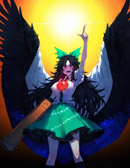 touhou, reiuji_utsuho,1girl,black_footwear,black_hair,black_socks, black_wings ,bow, cape ,feathered_wings, glowing, glowing_eyes, green_bow ,green_skirt ,hair_bow ,kneehighs, long_hair, looking_at_viewer ,red_eyes ,shirt ,skirt ,socks, solo ,starry_sky_print, sun ,teeth ,third_eye, white_shirt, wings, cowboy_shot, face focus, arm_cannon, control_rod_(touhou),  open mouth, upper_teeth_only, pov, from side,  index_finger_raised, outstretched_arm, finger point to sun, backlighting , arm up,
(masterpiece, best quality, high quality, absurdres, highres, newest, very awa),(zyugoya:0.8),quasarcake:0.7, Fishine,