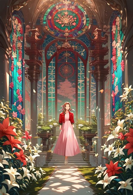 (score_10, score_9_up, score_8_up, score_7_up,) 1girl, aerith gainsborough, brown hair, braid, long hair, green eyes, hair ribbon, pink dress, red jacket, cropped jacket, best quality, high quality, masterpiece, highres, cathedral interior, flower, white lilies, stained glass, extremely detailed CG, extremely detailed 8K wallpaper, extremely detailed character, solo, sharp focus, dramatic angle, cinematic lighting, extremely delicate and beautiful, absurdres, incredibly_absurdres, bloom, glow, bokeh, jewelry, ornaments, Painstaking Attention To Details,