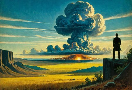 a man standing, looking at a distant mushroom cloud explosion on the horizon, pulp cover art
