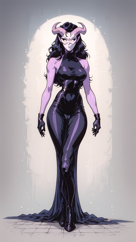 <lora:Tiefling__Fantasy__DND:1>,female,tiefling,pointed ears,horns,colored sclera,purple colored skin,long black hair,<lora:Masked_Woman_xl:0.6>,masked_woman,m4skedw0m4n,(white_mask1.2),white_mask,mask,gloves,dress,skin-tight clothing,impossible_dress,impossible_clothing,calendar_girl,gloves,skin-tight clothing,cameltoe,, <lora:Dark Retro Scifi Pony Style V2:0.3> D4rkR3troSc1f1 ,<lora:OldAnimeStyle_XL_v3:.65> 1990s \(style\), Vintage,  <lora:retro-neon-style:0.3> retro_neon, score_9, score_8_up, score_7_up, score_6_up,  <lora:Smooth Anime 2 Style SDXL_LoRA_Pony Diffusion V6 XL:0.65>, <lora:add-detail-xl:1>