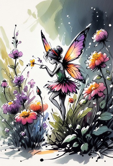inksketch, A tiny fairy visiting a flower