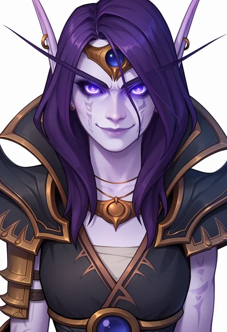 score_9, score_8_up, score_7_up, BREAK,
1girl, xalatah, purple hair, long hair, purple eyes, glowing eyes,
pointy ears, elf, earrings, colored skin, purple skin,
shoulder armor, armor, 
upper body, evil smile, looking at viewer, solo, simple background, white background   <lora:XalAtahXL_byKonan:1>