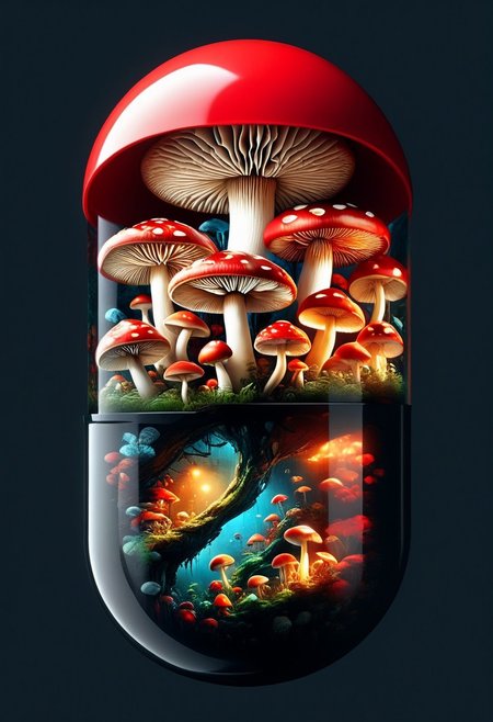mushroom, mushroomworld inside pill.
perfection style, simple background, dark background, focus on pill, 
perfection style, vivid colors, colorful, vivid background, midjourneyv6.1, red pill, inside the pill, partially transparent, large pill that opens to reveal, mushroom
