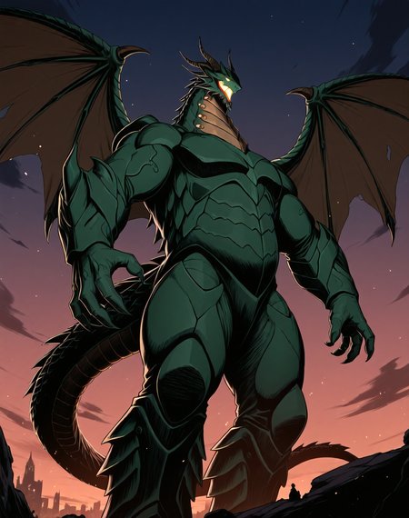 score_9, score_8_up, score_7_up, 
<lora:Draglord_(Guyver)_(Illustrious)_(AD):1> Draglord, Guyver, dragon, 
exterior, science fiction, night sky with anime dark clouds, Tokyo skyline, 
dynamic action, bent leg, cowboy shot, side view, low angle shot, 
((
titanic, gigantic, kaiju, glowing eyes, dragon tail, showing very clear signs of superiority and superior strength, dominant, solo, wanton destruction, he marvels and is ecstatic about his newfound strength, is very clearly stronger and magnificent, thick arms, thick legs, large shoulders, gloating, smug smile, mocks his enemies, large body, overwhelmingly muscular body, behold his strength, admire his magnificence, those that oppose him will receive hellish punishment, looking at viewer, "I am God", green body, green skin, 
):1.5), 
BREAK Smooth Quality, IllusP0s, lazyhand, lazympos, lazynsfw,