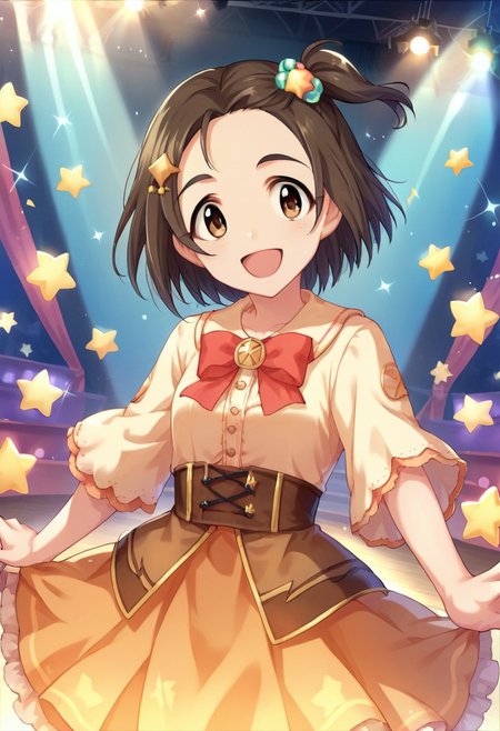 score_9, score_8_up, score_7_up, source_anime,yanase miyuki, short hair, brown hair, brown eyes, one side up, 1girl, solo, smile, stage, open mouth, hair ornament, bow, looking at viewer, star (symbol)