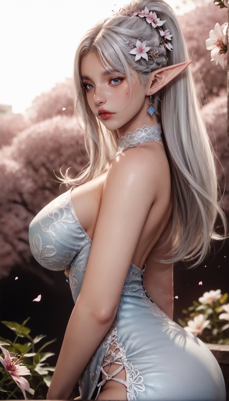 score_9_up, score_8_up, score_7_up,source_anime,rating_explicit,cinematic light,highly detailed skin,expressiveh,
1girl, solo, long hair, breasts, looking at viewer, blue eyes, large breasts,makeup, hair ornament, dress, bare shoulders,, ponytail, flower, pointy ears, hair flower, from side, lips, tattoos, elf,dutch angle,
, <lora:Pony_DetailV2.0:1> , <lora:PSH3dv2lora:1> , <lora:Expressive_H:0.5> , <lora:Realistic_Anime_Style_-_Pony:0.5>