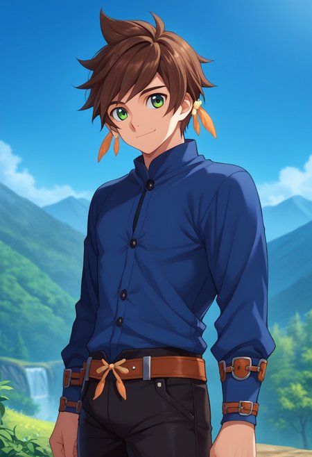 score_9, score_7_up, source_anime
sorey, 1boy, male focus, solo, green eyes, brown hair, short hair, jewelry, earrings, feathers, feather earrings, shirt, blue shirt, long sleeves, belt, pants, black pants, smile
outdoor, nature, mountains, sky,