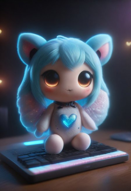 holographic, h4v_h0l0, hatsune_miku, cute, chibi, glowing eyes, glowing keyboard, High Quality, Soft Texture, Full Colour, made of ral-smlvltnpls, masterpiece, dynamic, awesome quality,soft lighting,artistic composition, high contrast, high resolution, visual aesthetics, masterpiece, sfw