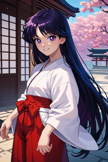 score_9, score_8_up, score_7_up, score_6_up, source_anime, 1girl, solo, <lora:sailormars-pdxl-nvwls-v1-000005:1> slrmars, black hair, long hair, purple eyes, miko, white kimono, red hakama, hakama skirt, long sleeves, looking at you, japanese architecture, smile