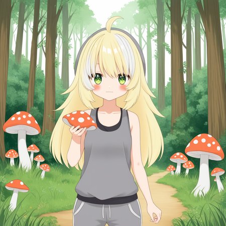 inis, blonde hair, ahoge, streaked white hair, green eyes, virtual youtuber, solo, 
anime drawing, grey joggers, tank top, forest, grabbing a mushroom, 
<lora:INIS-XL-t2-000003:0.6>