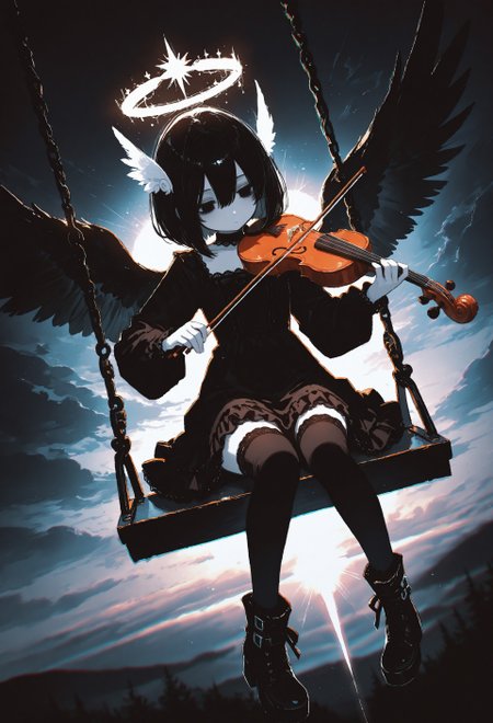 incredibly absurdres, highres, masterpiece, newest,best quality, very aesthetic, absurdres, newest, 8k, HDR, focused subject, oc-chan_(ketopon), 1girl, solo, black hair, bob cut, hair between eyes, feather hair ornament, black eyes, solid eyes, expressionless, looking down, head tilt, pale skin, goth fashion, frilled dress, high collard,lace trim, square neckline, black tighhighs, zettai ryouiki, ankle boots, pigeon toed, feathered wings, sitting on swing, playing violin, musical notes, dutch angle, full body, clouds, sky, blurry background, sunlight, light rays, bloom, raytracing, dark theme,chromatic aberration, limited palette, backlighting, intricate, no lineart, no outline,painterly, blending, monochrome, 15546+456868, 0010011_illu,celestial halo crown