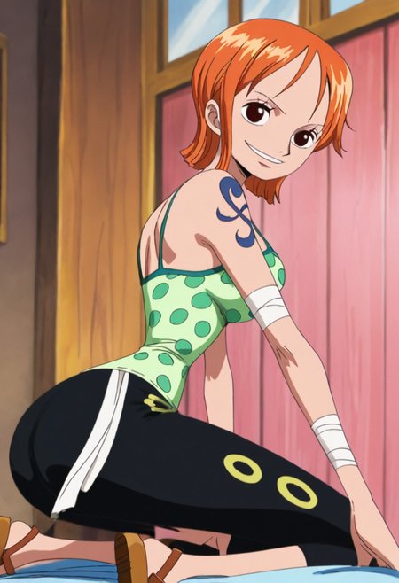 score_9, score_8_up, score_7_up, ultra quality, solo, 1girl, arlong_park,nami (one piece), orange hair, short hair, brown eyes, breasts, shoulder tattoo, green camisole, dot print, capri pants, black pants, sandals, bandages, smile, butt focus, big hips, big butt, bubble butt, curvy, narrow waist, kneeling, looking to the viewer, close up, screencap