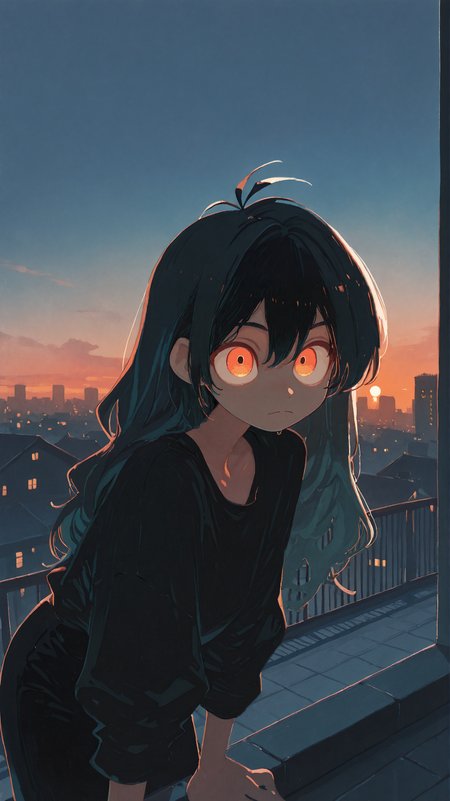 masterpiece, newest,absurdres,incrediblvy absurdres, best quality, amazing quality, very aesthetic, 
1girl, rooftop at sunset, leaning forward, antenna, glowing skyline, dramatic lighting,
 <lora:Face_Enhancer_Illustrious:0.4> <lora:ka_marukogedago:1> k4_illu,  r <lora:t4kar4i_shunsuk3:1> t4kar4i_illu, no_outlines, no lineart