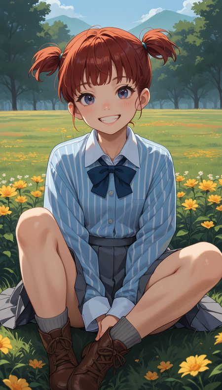 score_9, score_8_up, score_7_up, score_6_up, 
 <lora:Mikko (Girls Und panzer):1> , outdoor, flower field, grass
keizoku school uniform, 1girl, vertical stripes, vertical-striped shirt, smile, miniskirt, dress shirt, pleated skirt, grey skirt, short twintails, sitting, blue shirt, ankle boots, hair tie, , long sleeves, grin, grey socks, short hair, white shirt, simple background, red hair, blue footwear, wing collar black footwear