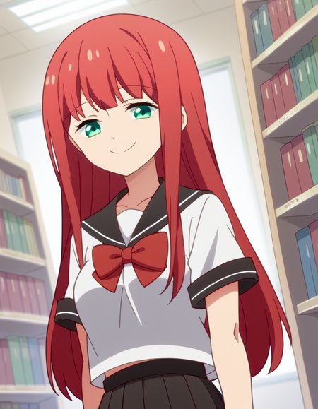 score_9, score_8_up, score_7_up, source_anime, <lora:yuki-minagawa-s1-ponyxl-lora-nochekaiser:1>, yuki minagawa, long hair, bangs, green eyes, red hair, medium breasts, anime screencap, skirt, school uniform, serafuku, black skirt, pleated skirt, red bowtie, black sailor collar, white shirt,, bookstore, browsing shelves, new book smell, finding a favorite, quiet atmosphere, , <lora:seductive-smile-ponyxl-lora-nochekaiser:1>, seductive smile, come hither, naughty face,, looking at viewer, solo,, dutch angle, cowboy shot