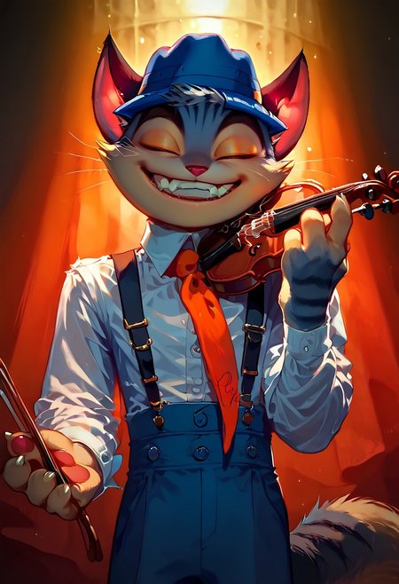 score_9, score_8_up, score_7_up, nsfw, Rocky, Rocky Rickaby, blue eyes, striped fur, striped, pointed ears, eyebrows, smiling, yellow markings, grey body, grey fur, tail, long tail, blue sclera, black ears, cat ears, black cat ears, (male anthro cat:1.3), furry anthro, ((solo)),
blue pants, blue baggy trousers, blue hat, blue fedora, suspenders, white collared shirt, white shirt, blue suit, orange tie, 
eyes closed, hands, clothed, front, seductive pose, smile, looking at viewer, standing, holding violin, playing violin,
inside, on stage, speakeasy, band, spotlight, ambient light, shadows, cinematic, 1920's esthetic,