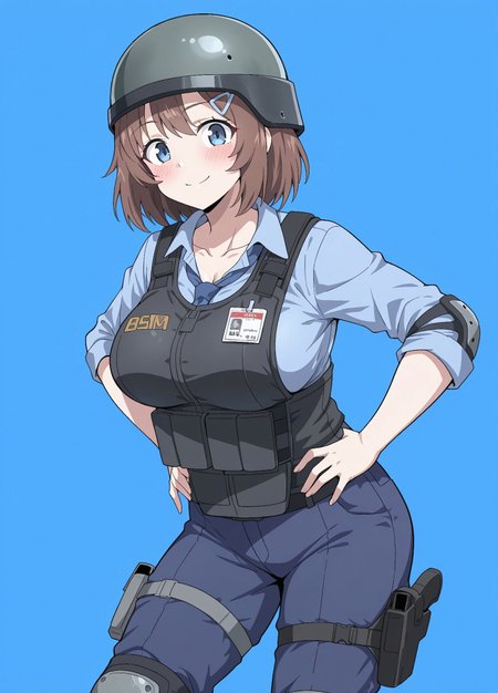 unholy-aesthetic, masterpiece, best quality, amazing quality, absurdres, 

1girl, brown hair, hair ornament, large breasts, short hair, blue eyes, collarbone

bm_sg, helmet, blue shirt, collared shirt, necktie, blue necktie, black vest, bulletproof vest, blue pants, knee pads, holster, boots,

smile, standing, hands on the hips, cowboy shot, looking at viewer, standing, blush, simple background, blue background, 