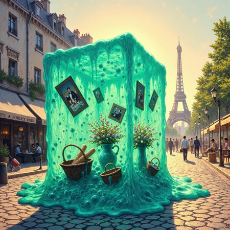 famous artwork, atmospheric and detailed impressionist painting of a large translucent cyan gelatinous cube in the heart of paris, its shimmering gooey surface softly reflecting the colors of the city, the cube is oozy and shifting as it curiously explores the cobblestone streets of the big city, it has engulfed several objects like paintings, a basket with baguettes, and a vase with wildflowers, all of which can be seen floating and slowly dissolving in its acidic gel, creating tiny bubbles around them, iconic parisian buildings like cafés and art galleries line the streets around the cube, a soft golden sunlight filters through the trees, casting dappled light on the scene, the distant eiffel tower looms gently in the background, blending into the hazy impressionist style, the atmosphere is dreamy and whimsical, with soft brushstrokes capturing the fluid movement of the cube and the vibrant energy of the city, highly detailed background, <lora:gelatinous_cube-flux-by_oneviolentgentleman:0.8> <lora:style-eldritch_impressionism-flux-by_eldritchadam:1.0>