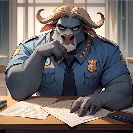 score_9, score_8_up, score_7_up,  <lora:Bogo:0.9> bogo, buffalo, 1boy, solo, police uniform, sitting at desk