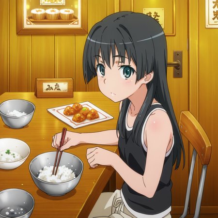 nsfw, masterpiece, best quality, amazing quality, 1girl, solo, index_railgun_saten_ruiko,sitting, on chair,  green eyes, black hair, long hair, tank top, bowl, food, rice, restaurant, <lora:Saten_Ruiko_-_Index_Railgun:0.7>