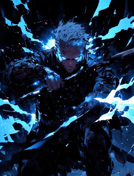 A man with slicked-back gray hair holding a katana with both hands, a man wearing a long black coat. Close-up of a man attacking with a sword, cutting through the darkness. a masterpiece, a cinematic frame, a flash of blue energy in the form of linear rays, a minimalistic black background in the form of broken glass. cinematic lighting, a face illuminated by flashes of light, masculine facial features expressing strength and a sparkle in the eyes. <lora:CPA:0.8> ,<lora:anime_martzv2:0.5> anime_martz, <lora:FluxMythP0rtr4itStyle:0.6> ,mythp0rt, <lora:lora:1> ,dmc5vergil, black coat, fingerless gloves, pants, <lora:MJanime_Flux_LoRa:1>, Anime style