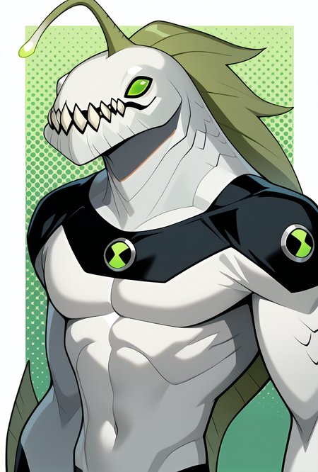 <lora:ripjawsov-10:1> ripjawsov, no humans, sharp teeth, teeth, colored skin, monster, pale skin, angler fish lure, green eyes, small eyes, , monster boy, claws, digimon (creature), fins, , square jaw, light green background, masterpiece, best quality, amazing quality, very aesthetic, absurdres, newest,, upper body, halftone effect, white borders, abstract background:1.2,