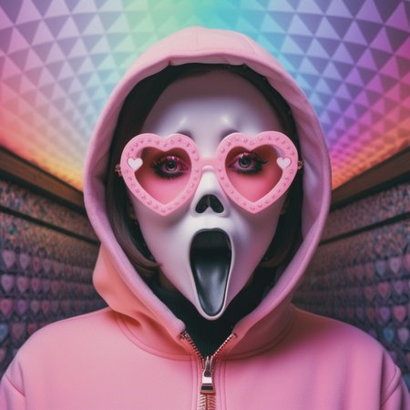 <lora:add-detail-xl:0.8> ((fullbody: 1.3)) A highly detailed real world image of an ((evil Ghostface Baller with a curvy womans body and a Zipper for a mouth :1.3)),4k HD, rhythm on display in a brightly colored space, in the style of fantastical otherworldly visions, kawaii, digitally manipulated images, ghostly presence, global illumination, shiny eyes,fractal geometric patterns with rainbow hues :1.5)) ((black and white tiles with pastel coloured rainbows hues fractals pilco predicta chalet 1959 model television background :1.5)), (fractal geometric patterns with rainbow hues :1.5)) ((black and white tiles with pastel coloured rainbows hues fractals pilco predicta chalet 1959 model television background :1.5)), ((mushroomcore :1.4)), ((2girls :1.5)) hyper realistic detail, perfect eyes, ((fullbody :1.5)), ((heart shaped glasses :1.5)), stunningly pretty, maxim, 128k, cinematic quality cinematic lighting, 1080p, sharpen, hyperrealism, lEICA SL2 50mm F 1.4 kit, mirrorless lens (( psychedelic lsd trip background :1.4)), ((bright coloured fractals :1.5)) ((Larry Carlson :1.3)), , cinematic quality, cinematic lighting, voodoo, sinister,128k, hyper realistic, pastel colour palette,((mark ryden 1.3)) --s 250 --v 6.0** - <@1100565623089668097> (fast))  <lora:Larry Carlson Style:0.8> Larry Carlson Style page <lora:Polaroid_Film:0.8> polaroid film photography, soft focus <lora:bigeyes-v2_16x8-4x1:0.2> big eyes, anime eyes   <lora:001-Ghst:0.8> Ghostface Baller
