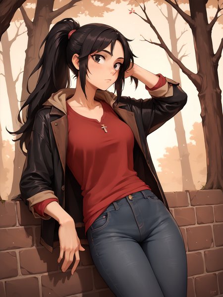 score_9, score_8_up, score_7_up,  score_6_up, BREAK, BudArmstrong, solo, 1girl, long hair, black hair, ponytail, black eyes, red shirt, jeans, leather jacket, black jacket, in the forest, lean on wall, looking at viewer  <lora:Buddy_Armstrong:0.9>