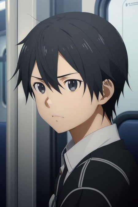 high resolution, solo, best quality, 1Boy, Kazuto Kirigaya, portraits, Black Hair, Black Eyes, train, inside train, OverallDetail