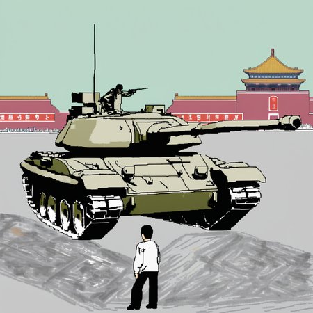 (Tiananmen Square Tank Man), man standing in front of tank, (mspaint, ms paint drawing), (bad quality, bad artist)