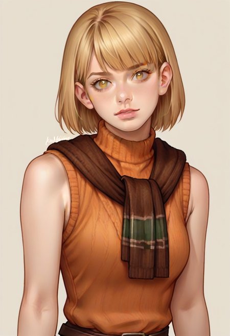 <lora:ashleygraham:0.9>, ashleygraham, photorealism, 1girl,solo,blonde hair,bob cut,bangs, golden eyes,orange turtleneck,sleeveless,brown sweater over shoulder,,green plaid skirt,brown belt, ,,,