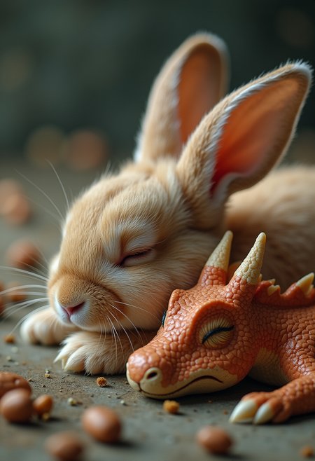 a cute bunny sleeping peacefully with a cute dragon, analog raw photo cinematic whimsical