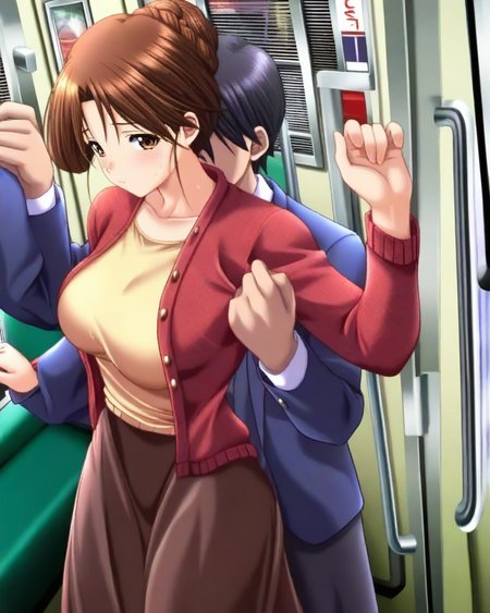 masterpiece,best quality,amazing quality,very aesthetic,absurdres,newest,scenery,<lora:Mori Misato_ilxl_v1-000010:1>,1girl,breasts,solo,brown hair,brown eyes,cardigan,single hair bun,hair bun,red jacket,long sleeves,looking at viewer,collarbone,open clothes,mori misato,standing,looking at viewer,brown skirt,long skirt,train interior,1boy,grabbing from behind,from side,