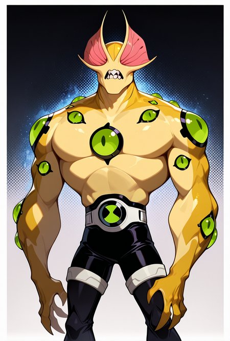 <lora:eyeguy-10:1> eyeguy, yellow skin, solo, standing, antennae, teeth, extra eyes, black pants, claws, monster, belt, upper body, masterpiece, best quality, amazing quality, very aesthetic, absurdres, newest,, upper body, halftone effect, white borders, abstract background:1.2,