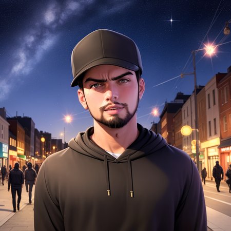 (22yo boy), (photorealistic), black hoodie and cap, beard, grey eyes, in the street, lighting, starry night, people around, intricate, angry, walking, (dynamic view)