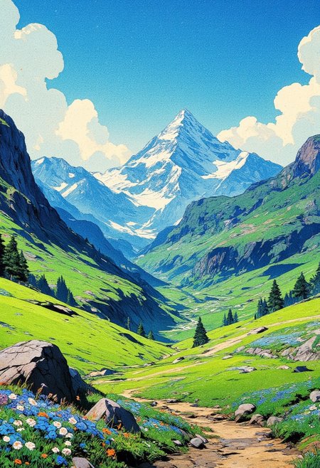 A breathtaking anime-style landscape of a vast mountain valley bathed in soft sunlight. The rolling green hills are covered in lush grass and dotted with vibrant wildflowers in shades of blue, white, and purple. Large scattered rocks sit in the foreground, surrounded by patches of flowers swaying gently in the wind. A dirt pathway winds through the valley, leading into the distance where towering, mist-covered peaks rise dramatically. Wisps of white clouds drift across the slopes, adding depth and a sense of tranquility to the scene. The sky is a brilliant blue with fluffy white clouds stretching across the horizon. The atmosphere feels peaceful and expansive, evoking a sense of adventure and serenity. The painting style is detailed yet painterly, reminiscent of Studio Ghibli landscapes, with rich colors and a dreamy, immersive quality.
,  anime, cyberpunk