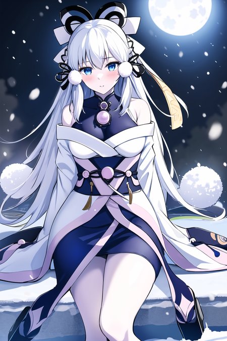 <lora:YukiOnnaYGOv2-20:0.8>, 
YukiOnnaYGO, AbsoluteZeroMayakashi , 1girl, sandals , solo, looking at viewer, snow storm , blush, sitting, night, snow, winter, dark, pale skin, full moon,