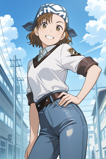 masterpiece, best quality, source_anime,official art,perfect_anatomy,1girl,Seika_Mori,bandana,blue_headwear,brown_eyes,brown_hair,school_uniform,denim_pants,(beautiful detailed face,looking_at_viewer,grin),hand_on_hip,cowboy_shot,day,blue_sky,cloud
