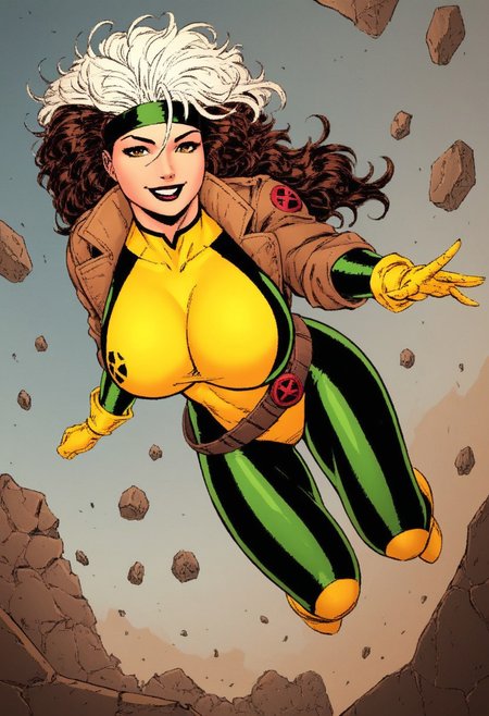 score_9, score_8_up, score_8,, j1m l33, rogue, 1girl, huge breasts, multicolored hair,  long hair, white hair on top, brown hair in back, white bangs, headband, bodysuit,belt, brown jacket, yellow gloves, flying, sexy pose,smile, fists, rubble in the background ,detailed, masterpiece,