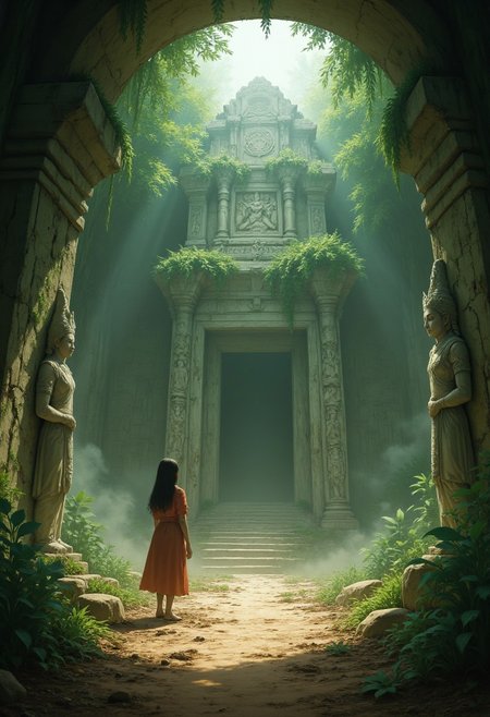 crumbling ancient temple deep in a dense jungle, overgrown with vines and moss, statues of forgotten gods standing guard at the entrance, intricate carvings and murals depicting scenes from ancient myths on the walls, shafts of sunlight filtering through cracks in the ceiling, illuminating the dust-filled air, eerie, mysterious atmosphere, sense of hidden secrets and forgotten history
 aidmaIllustriousStyle