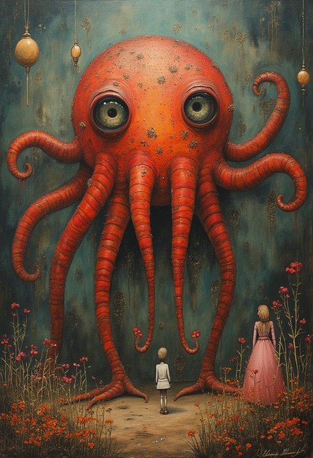 indoor,people,flowers,Multi eyed monster,style of John Kenn Mortensen