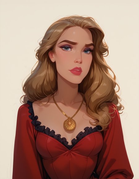 <lora:Disney_Style:.9> <lora:princess_xl_v2:.75> <lora:add-detail-xl:.9> <lora:g0th1cPXL:.3> <lora:Cherry-Gig:.45> <lora:Expressive_H:1> <lora:PLASTT_PonyV6:1> <lora:Elizabeth_Swann_ZairaSass_v1:1> score_9, score_8_up, score_7_up, zPDXL, DisneyRenstyle, score_9,score_8_up,score_7_up,score_6_up, 
(white background, plain background, ambient light), (standing, 3/4 view), 
1girl, solo, sexy 18 year old, british girl, (Elizabeth Swann, Black Pearl), perfect face, beautiful face, defined cheekbones, defined jawline, light brown hair, thick hair, thick dark eyebrows, dark brown eyes, dark lashes, thin lips, nude colored lips,  
confident expression, narrow eyes, one hand on hip, perfect hands, 5 fingers, slender waist, tall, slender, sexy, 
big red dress, red sleeves, black frills, white tunic, gold medallion necklace,