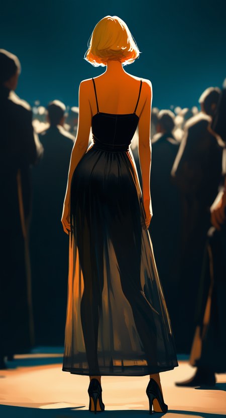 1girl, solo focus, standing, full body, facing away, from behind, contrapposto, short hair, blonde hair, bare shoulders, sleeveless, black dress, high heels, see-through, sleeveless dress, spaghetti strap, crowd, see-through dress, people, blurry, blurry background, depth of field, backlighting,Drop Shadow, masterpiece, best quality, good quality, very awa, very aesthetic, absurdres, newest, (perfect details), usnr, brushstroke, impressionism, chiaroscuro
<lora:illustriousXL_stabilizer_v1.23:0.3> <lora:USNR STYLE_XL_lokr:0.3> <lora:ppw_v7_noobVv1.0:0.7> <lora:noobai_vpred_1_style_painterly_v1.1:1.0>